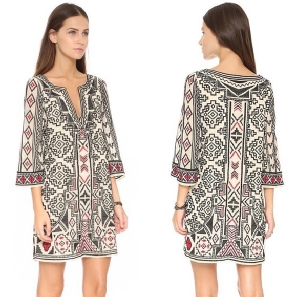 Alice + Olivia XS Aztec Tribal Deco Style Embroidered Mini Shift Dress Red White - Picture 2 of 8